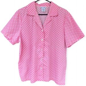Vintage Blair Pink Polka Dot Button Down Short Sleeve Top Size Large Cotton Boxy